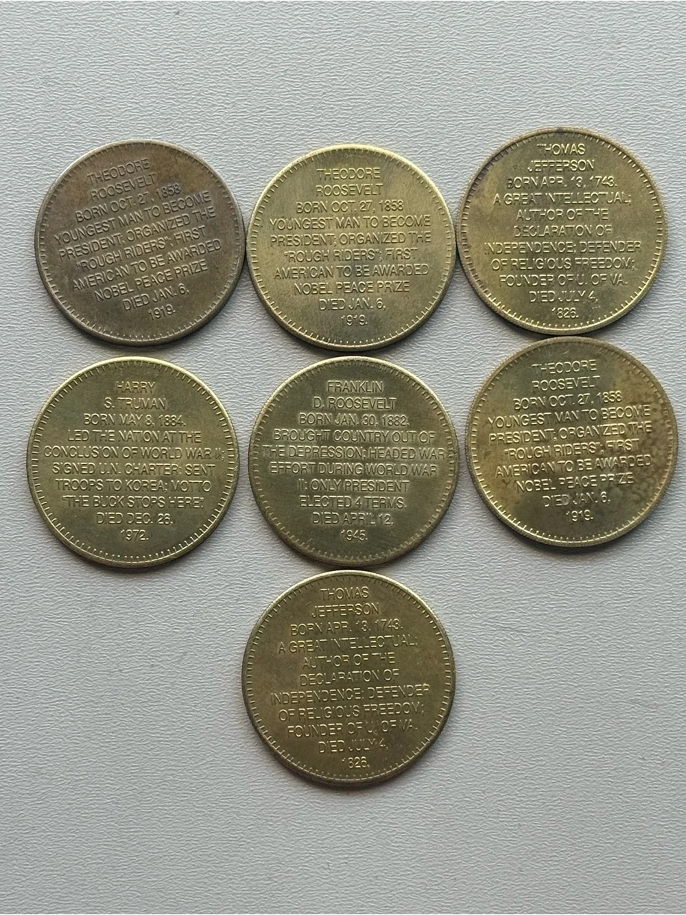 7 Shell Presidential Collector Coins Franklin Theodor Roosevelt Jefferson Truman
